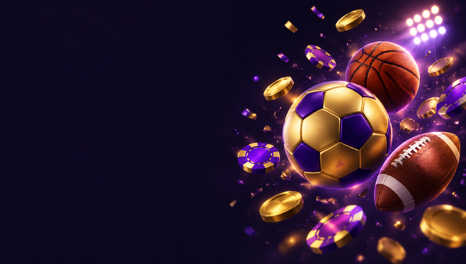 Playful golden football, basketball and coins on a dark navy background